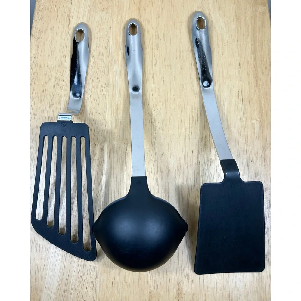 All-Clad Kitchen Tool Set 3pc Black Silver Ladle Spatula Turner Nylon Stainless
